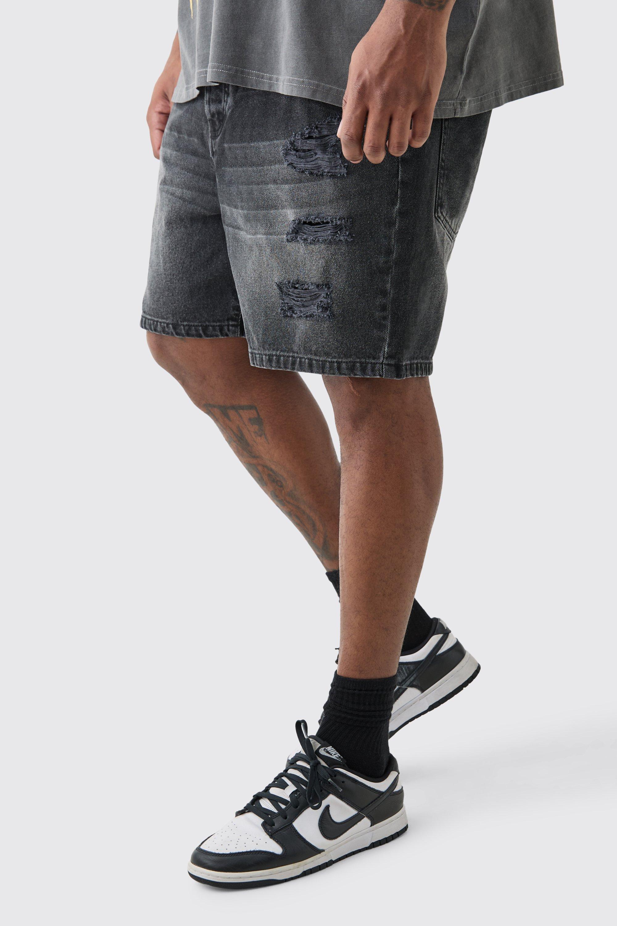 Mens Plus Slim Fit Distressed Denim Shorts In Washed Black, Black